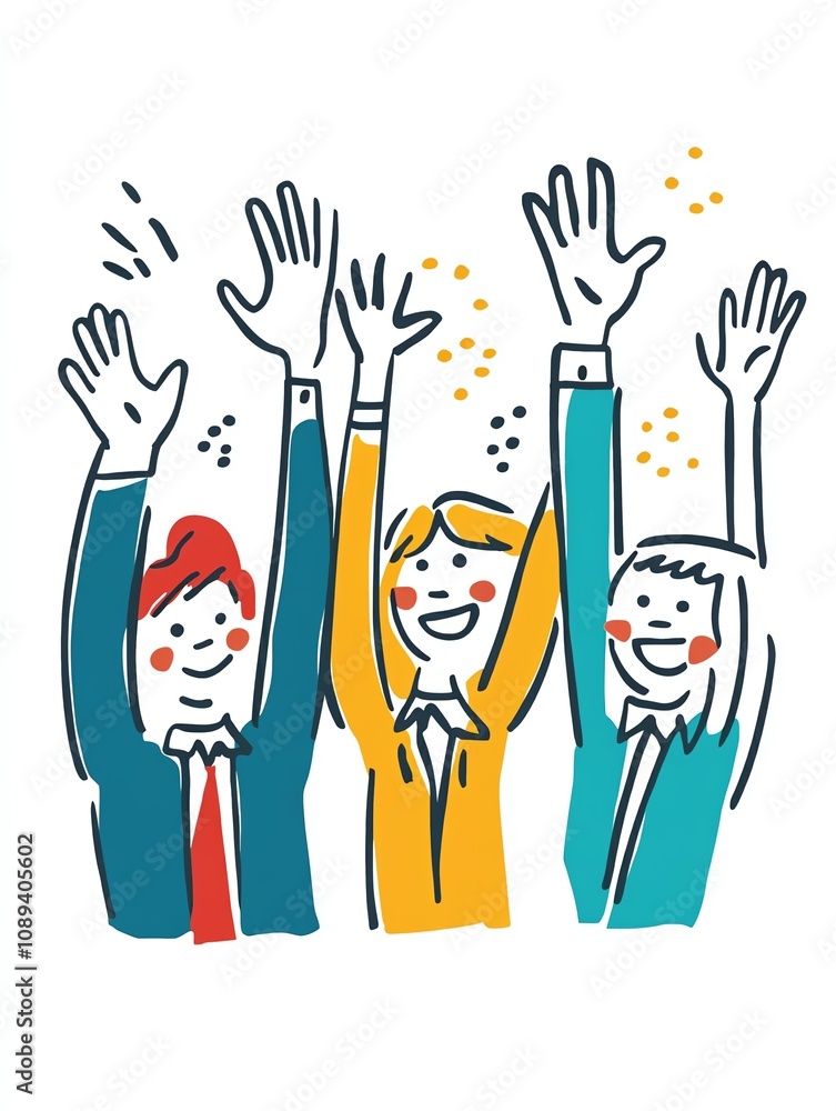 Three joyful people celebrating with raised hands and big smiles against a cheerful backdrop. Three joyful people celebrating with raised hands and big smiles against a cheerful backdrop.