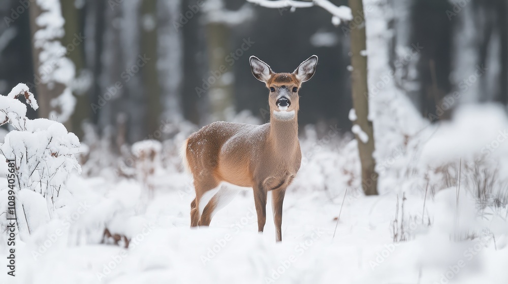 Winter forest scene with a deer standing gracefully among fresh snow, capturing themes of environmental conservation and eco-friendliness. Winter forest scene with a deer standing gracefully among fresh snow, capturing themes of environmental conservation and eco-friendliness.