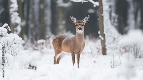 Wallpaper Mural Winter forest scene with a deer standing gracefully among fresh snow, capturing themes of environmental conservation and eco-friendliness. Torontodigital.ca