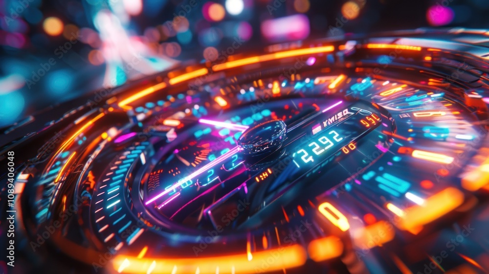 Futuristic speedometer with vibrant neon lights displaying high speed. Futuristic speedometer with vibrant neon lights displaying high speed.