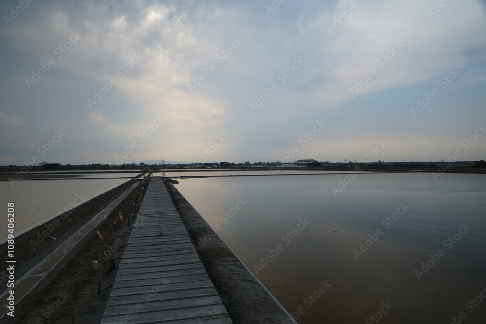 Naklejka premium Serene walkway over expansive salt flats coastal region nature photography tranquil environment aerial perspective natural beauty