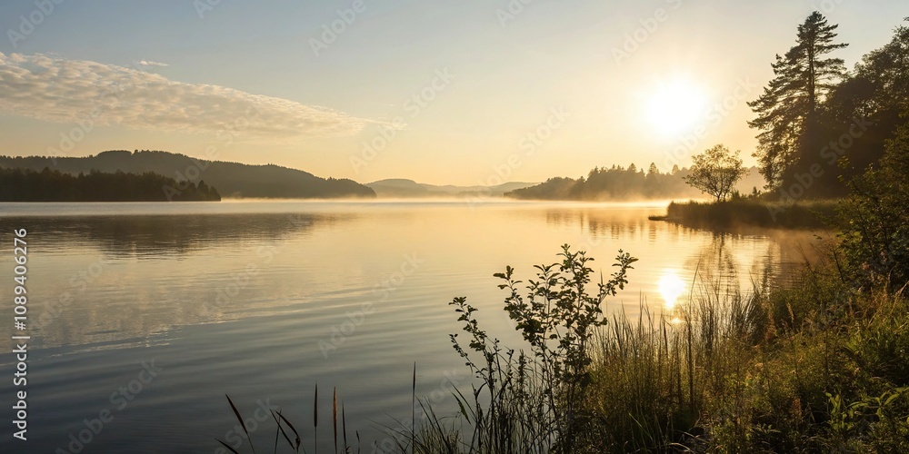 Morning sunlight dances on the surface of a serene lake, water's surface, natural beauty Morning sunlight dances on the surface of a serene lake, water's surface, natural beauty