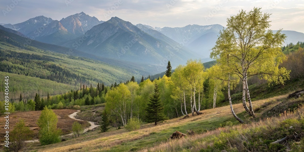 Mountain landscape with blooming birch trees, blooming birch, white trees Mountain landscape with blooming birch trees, blooming birch, white trees