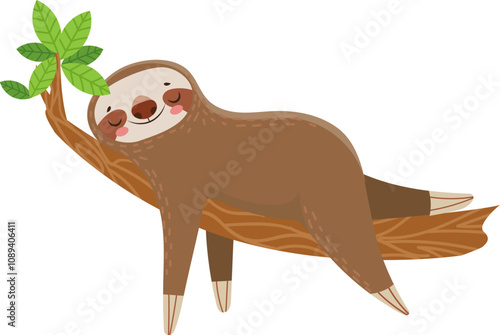 Cartoon illustration of a happy sloth napping on a tree branch, enjoying the tranquility of its natural habitat, conveying a sense of peace and relaxation