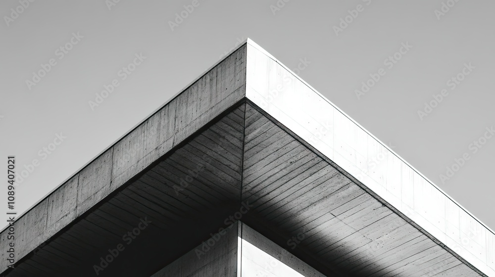 Fototapeta premium Close-up of clean-lined concrete building with sharp angles and blue sky, capturing the simplicity of modern design.