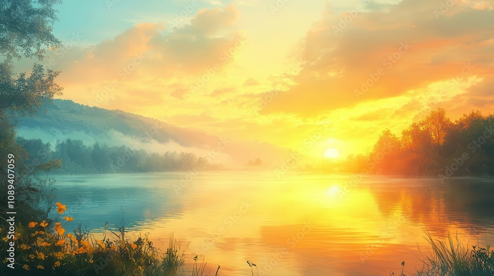 Positive thinking and mindset shift depicted through a sunrise over a serene landscape Positive thinking and mindset shift depicted through a sunrise over a serene landscape