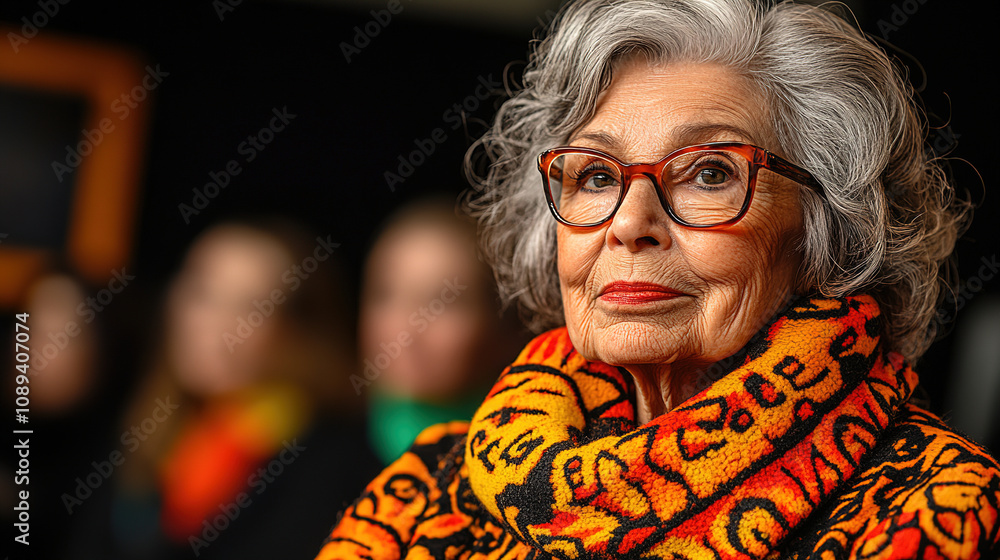 Elegant elderly woman with stylish glasses and vibrant scarf poses confidently in a social gathering. Generative AI Elegant elderly woman with stylish glasses and vibrant scarf poses confidently in a social gathering. Generative AI