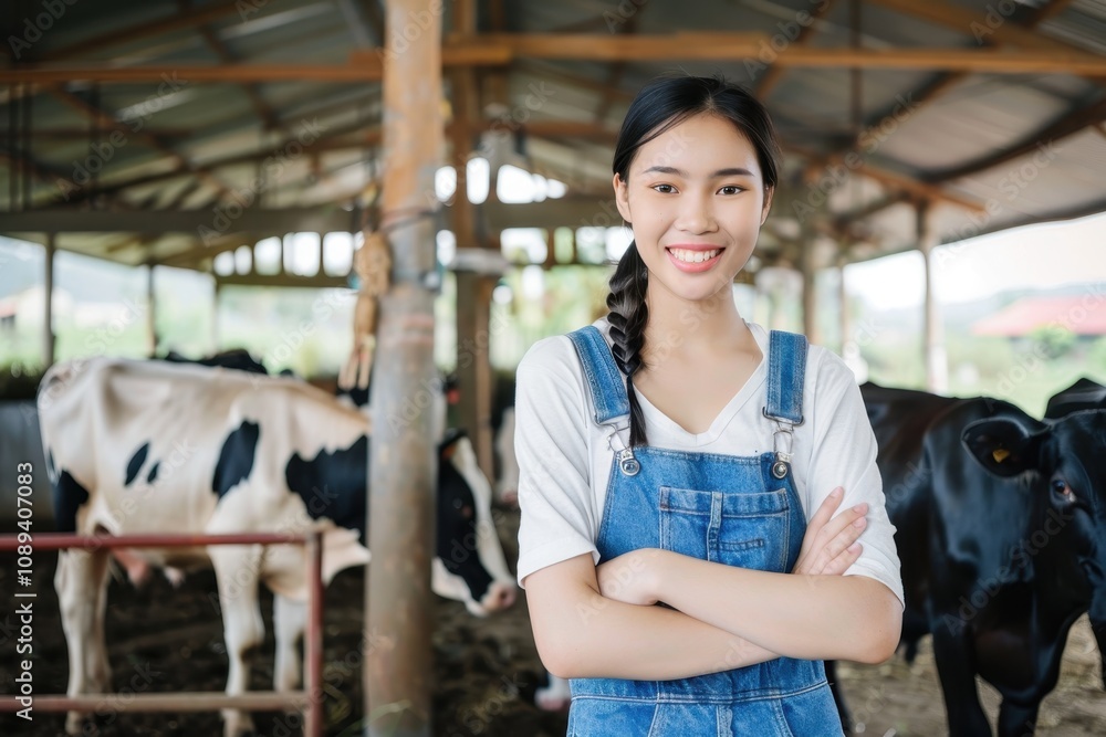 Fototapeta premium Smiling Young Female Farmer in Overalls at Cow Farm
