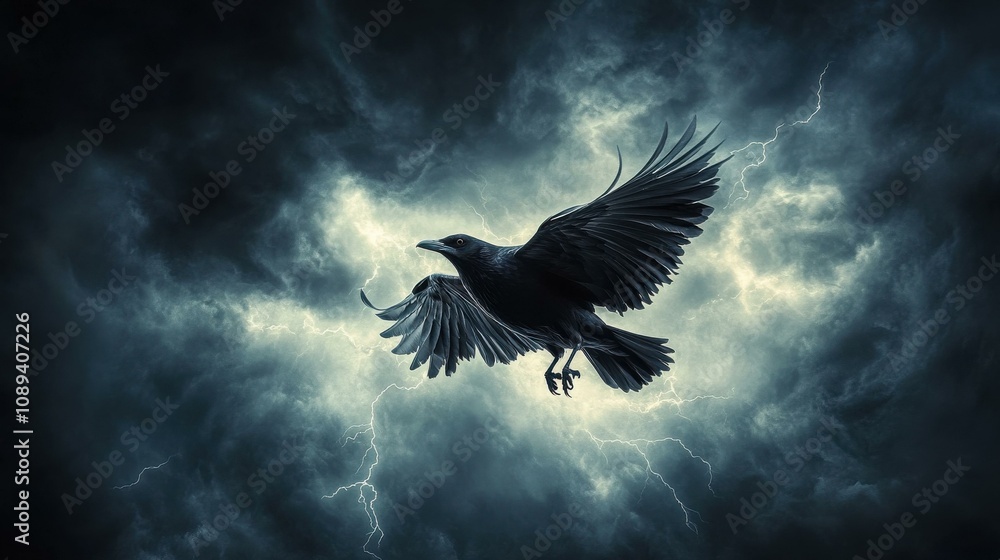 Fototapeta premium A Raven in Flight Against a Dramatic Thunderous Sky