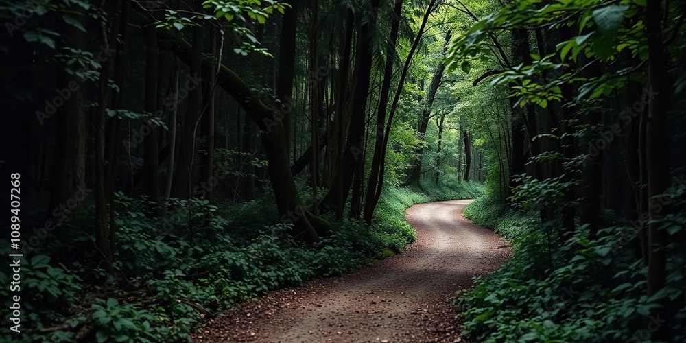 Obraz premium Narrow and winding forest walkway surrounded by dense foliage, tangled vegetation, stepping stones