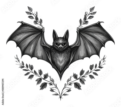 PNG Intricate bat illustration with floral details photo