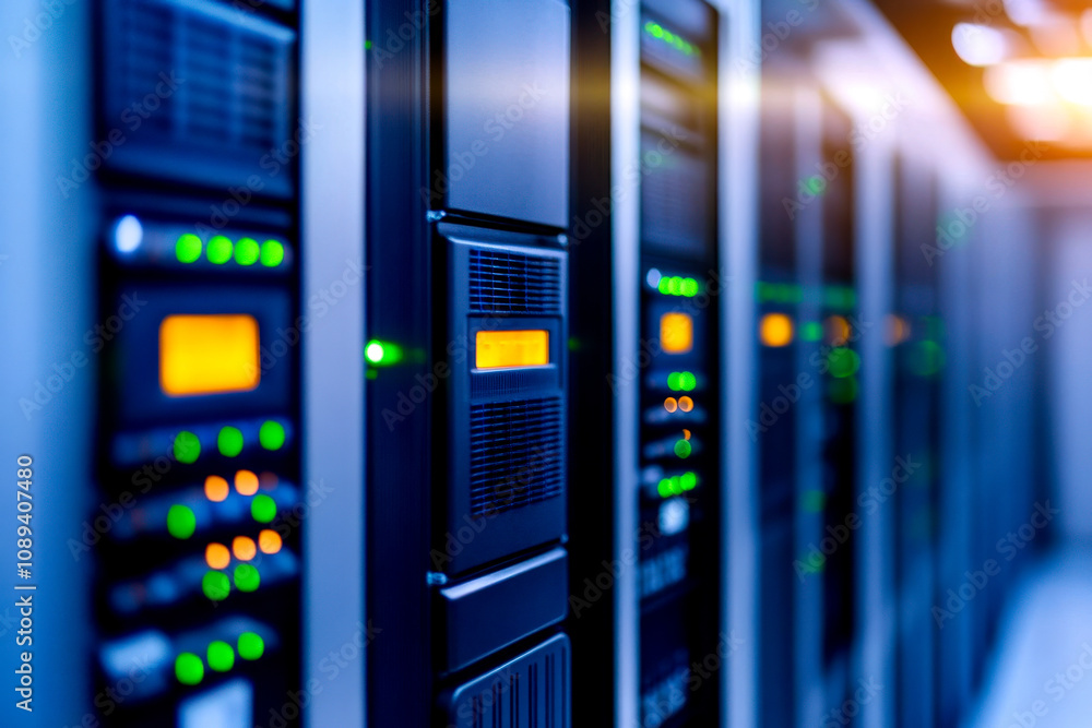 A close-up view of server racks in a data center, showcasing illuminated buttons and displays, emphasizing technology and connectivity. A close-up view of server racks in a data center, showcasing illuminated buttons and displays, emphasizing technology and connectivity.