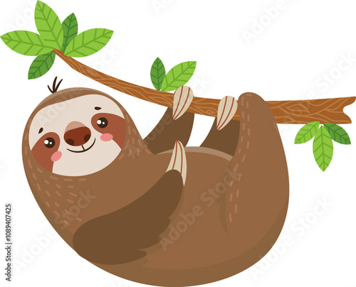 Adorable cartoon sloth hangs upside down from a tree branch in the rainforest, smiling happily among green leaves and brown branches. Perfect for childrens education and playful imagination