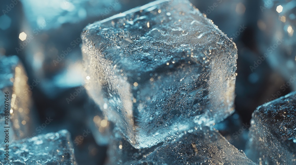 Close-up of crystal-clear ice cubes stacked on each other, with frosty surfaces and water droplets glistening. Close-up of crystal-clear ice cubes stacked on each other, with frosty surfaces and water droplets glistening.