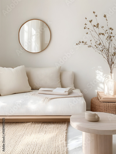 Cozy and stylish small apartment living room. The space uses light colors like soft white and beige to create a sense of openness. A multifunctional furniture such as a sofa bed with storage.3D render