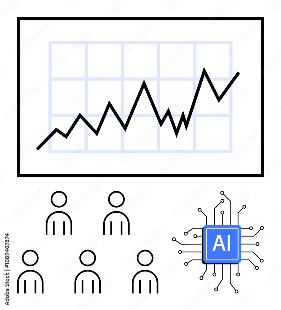 Line chart indicating growth, AI chip symbolizing artificial intelligence, team of five users. Ideal for data analysis, business growth, technology, teamwork, AI development, market trends, stats Line chart indicating growth, AI chip symbolizing artificial intelligence, team of five users. Ideal for data analysis, business growth, technology, teamwork, AI development, market trends, stats