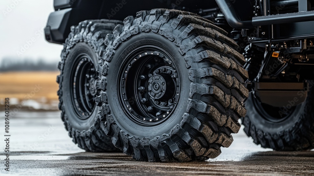 Close-up of large black wheels on a truck trailer, showing the heavy-duty tires and rugged treads on asphalt. Close-up of large black wheels on a truck trailer, showing the heavy-duty tires and rugged treads on asphalt.