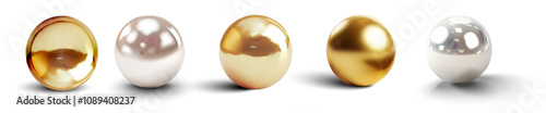 A set of five highly polished spheres in metallic and pearl finishes, featuring gold, white, and reflective surfaces with realistic lighting and shadows on a clean white background. 3d Vector