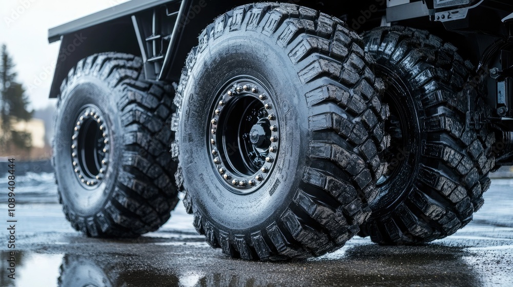 Close-up of large black wheels on a truck trailer, showing the heavy-duty tires and rugged treads on asphalt. Close-up of large black wheels on a truck trailer, showing the heavy-duty tires and rugged treads on asphalt.