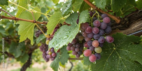 Wallpaper Mural Overhead shot of a grapevine covered in sweet, juicy grapes and tiny water droplets hanging from the vines, fruit clusters, farm fresh, dewy freshness, lush foliage Torontodigital.ca