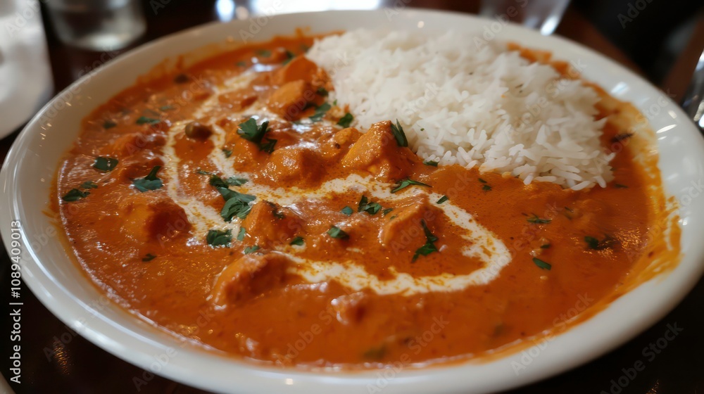 A plate of beef curry with rice, red pepper, cilantro, and a slice of lemon. A plate of beef curry with rice, red pepper, cilantro, and a slice of lemon.