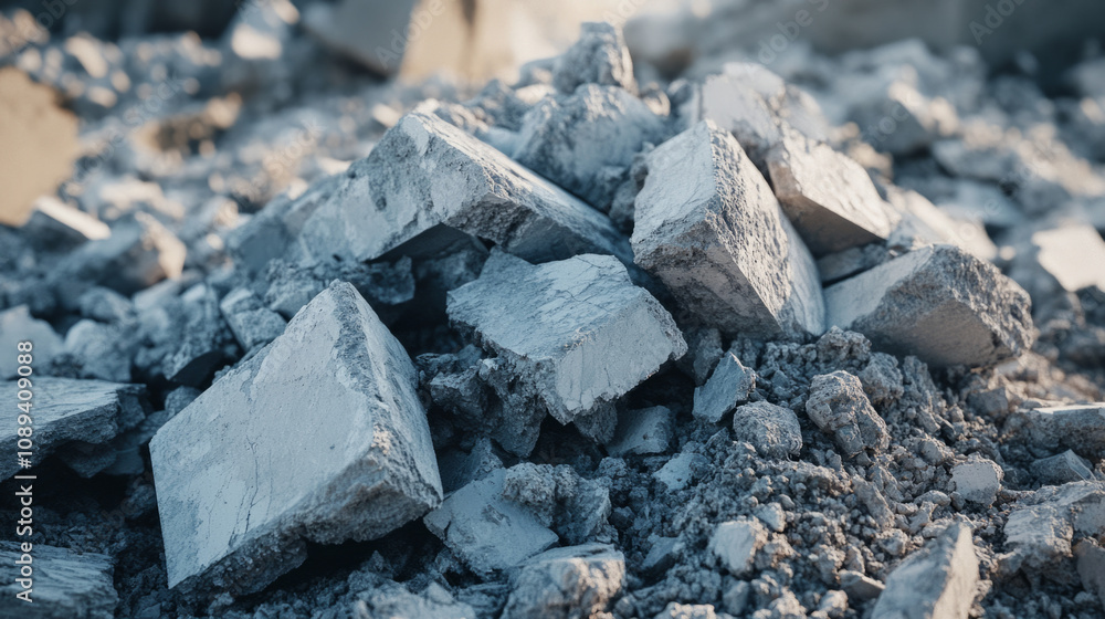 Construction debris scattered on a demolition site during daylight hours Construction debris scattered on a demolition site during daylight hours