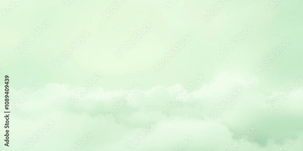 Obraz premium Pastel green wallpaper with a subtle gradient effect showcasing an ethereal abstract landscape of clouds and mist, soft focus, natural motifs, serene scenes
