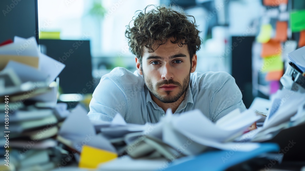 Stressed young man surrounded by paperwork, looking concerned in a cluttered office space. Stressed young man surrounded by paperwork, looking concerned in a cluttered office space.