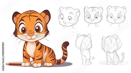 Cute Cartoon Tiger Cub Illustration with Line Art Sketches for Drawing Inspiration AI Generated photo