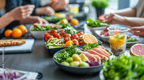 Coworkers sharing a healthy lunch at work, with fresh fruits, salads, and lean meats. 