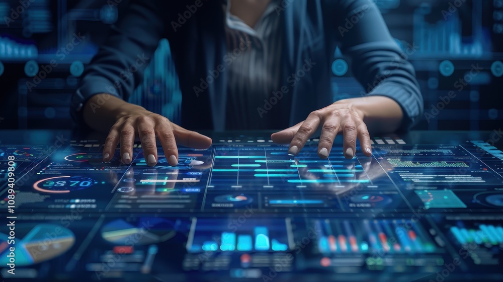 Businessperson Interacting with Interactive Digital Screen Data Visuals Businessperson Interacting with Interactive Digital Screen Data Visuals