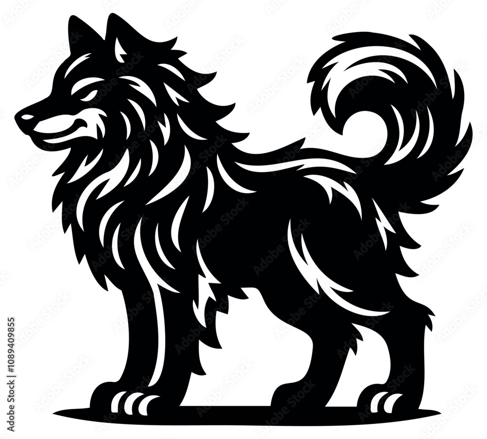 Fototapeta premium Black dog, wolf silhouette illustration in bold style with intricate details. Vector art 
