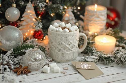 A cozy holiday scene featuring a knitted mug filled with marshmallows, surrounded by decorative candles, ornaments, and a charming snowy backdrop.