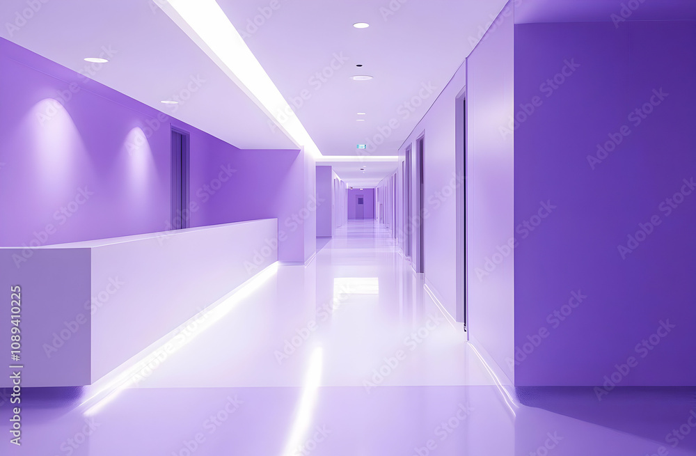 Modern purple hallway with LED lighting, white counter, and sleek design.
