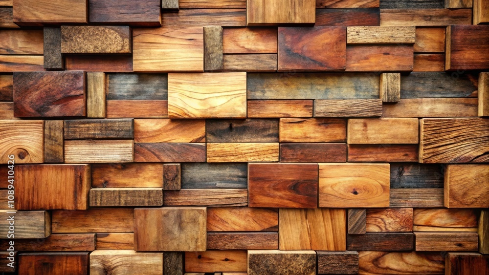 A rustic wall composed of an array of reclaimed wood blocks, displaying the natural beauty of wood grain patterns and color variations A rustic wall composed of an array of reclaimed wood blocks, displaying the natural beauty of wood grain patterns and color variations