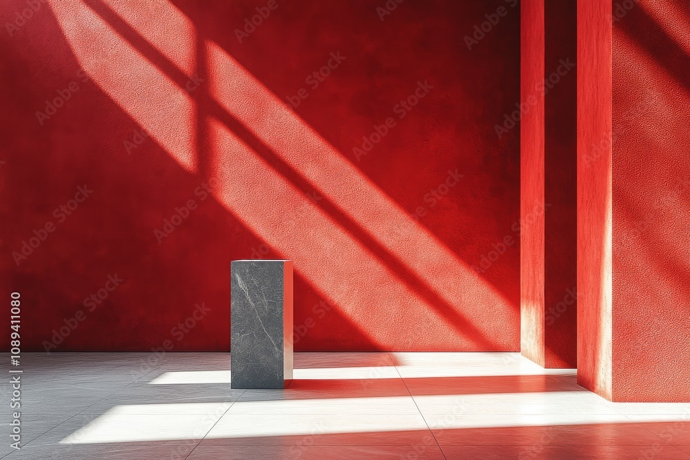 Minimalist high-end product display stand with geometric shapes on a red background, modern lighting and vibrant color tone. Minimalist high-end product display stand with geometric shapes on a red background, modern lighting and vibrant color tone.