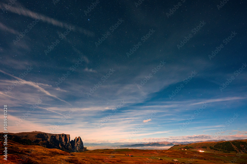 Starry sky over Seiser Alm in the Dolomites, Italy. Starry sky over Seiser Alm in the Dolomites, Italy.