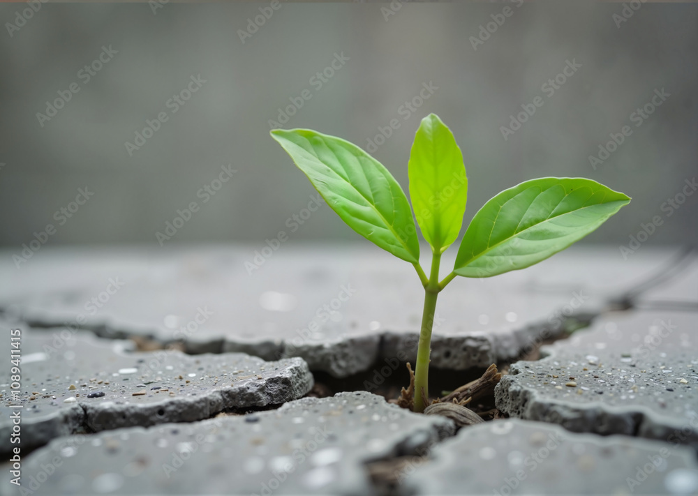 Green plant growing through cracks symbolizing motivation for growth through obstacles Green plant growing through cracks symbolizing motivation for growth through obstacles