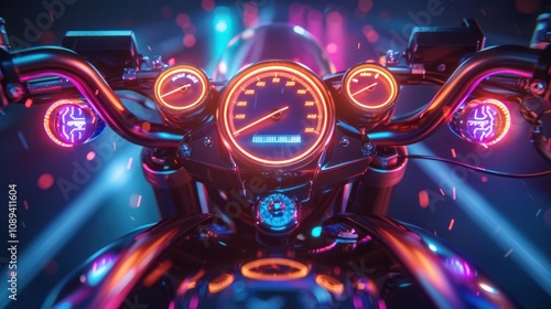 Neon-lit motorcycle dashboard closeup at night.