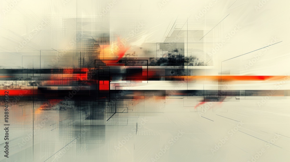 Abstract geometric art with blurred lines and shapes in orange, red, and gray tones. Abstract geometric art with blurred lines and shapes in orange, red, and gray tones.