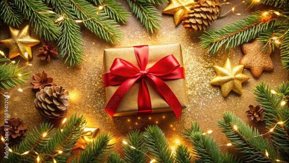 A Festive Gift Wrapped in Gold Paper and Adorned with a Bright Red Ribbon, Nestled Among Twinkling Lights, Pine Branches, and Shimmering Gold Decorations A Festive Gift Wrapped in Gold Paper and Adorned with a Bright Red Ribbon, Nestled Among Twinkling Lights, Pine Branches, and Shimmering Gold Decorations
