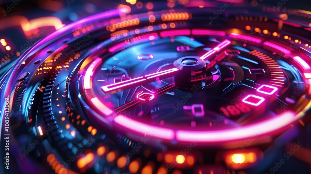 Futuristic clock with neon lights and digital elements. Futuristic clock with neon lights and digital elements.