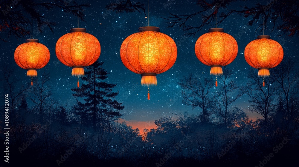 Glowing lanterns illuminating the night sky over a serene landscape Glowing lanterns illuminating the night sky over a serene landscape