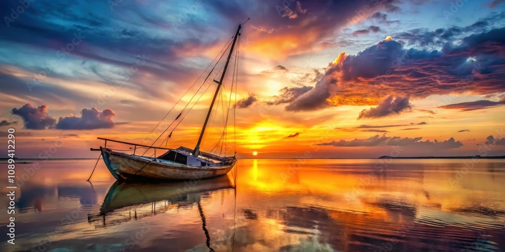 A solitary sailboat rests peacefully in the golden glow of a breathtaking sunset, reflecting the vibrant colors of the sky in the calm water.