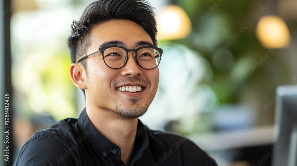 Smiling man in glasses enjoying a moment at a modern workspace, exuding happiness and positivity. Smiling man in glasses enjoying a moment at a modern workspace, exuding happiness and positivity.