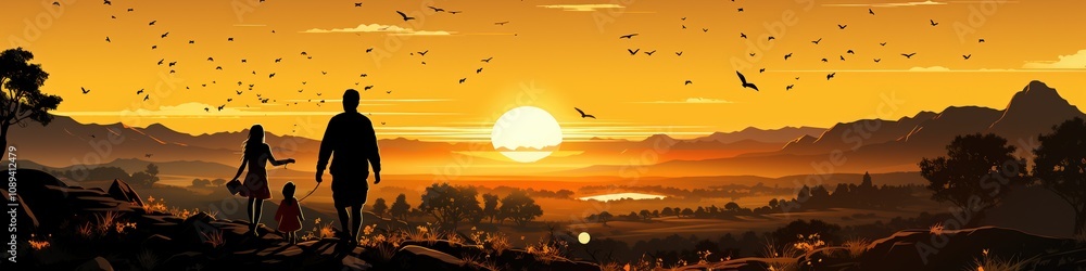 Silhouetted family of three enjoys a breathtaking sunset view over rolling hills and a vast landscape. Golden hour paints the sky with warm hues, creating a serene and peaceful atmosphere. Silhouetted family of three enjoys a breathtaking sunset view over rolling hills and a vast landscape. Golden hour paints the sky with warm hues, creating a serene and peaceful atmosphere.