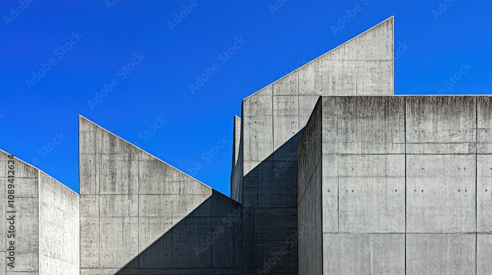Concrete office building with sharp edges and a smooth facade, captured against a vivid blue sky on a sunny day. Concrete office building with sharp edges and a smooth facade, captured against a vivid blue sky on a sunny day.