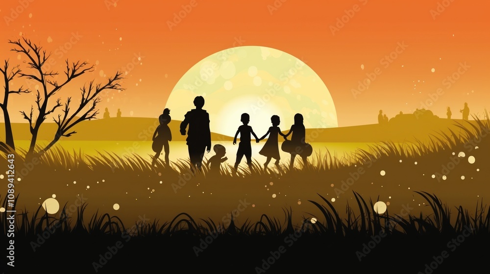 Silhouette of a family of five, including two adults and three children, walking in a grassy field at sunset. The warm colors of the sunset and the full moon create a serene and peaceful mood. Silhouette of a family of five, including two adults and three children, walking in a grassy field at sunset. The warm colors of the sunset and the full moon create a serene and peaceful mood.