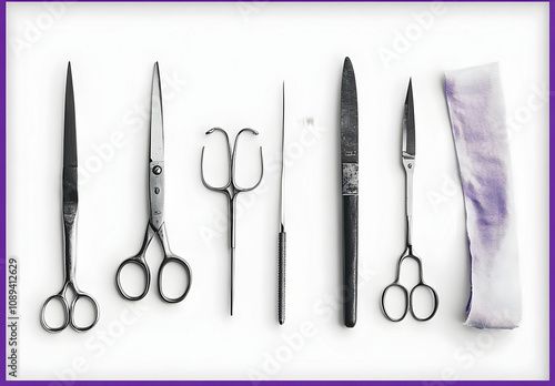 Flat lay of surgical instruments and a piece of purple fabric on a white background. photo