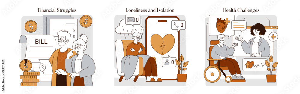 Fototapeta premium Retirement Challenges. Flat Vector Illustration
